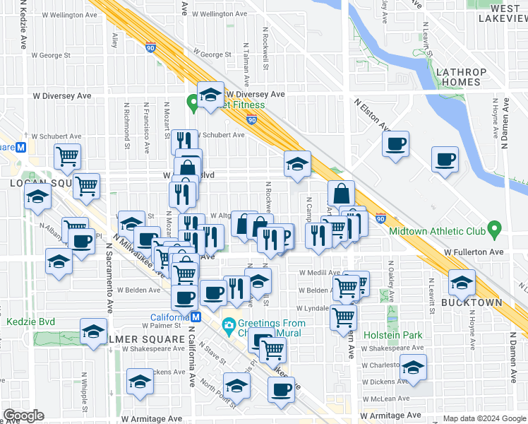 map of restaurants, bars, coffee shops, grocery stores, and more near 2452 North Rockwell Street in Chicago