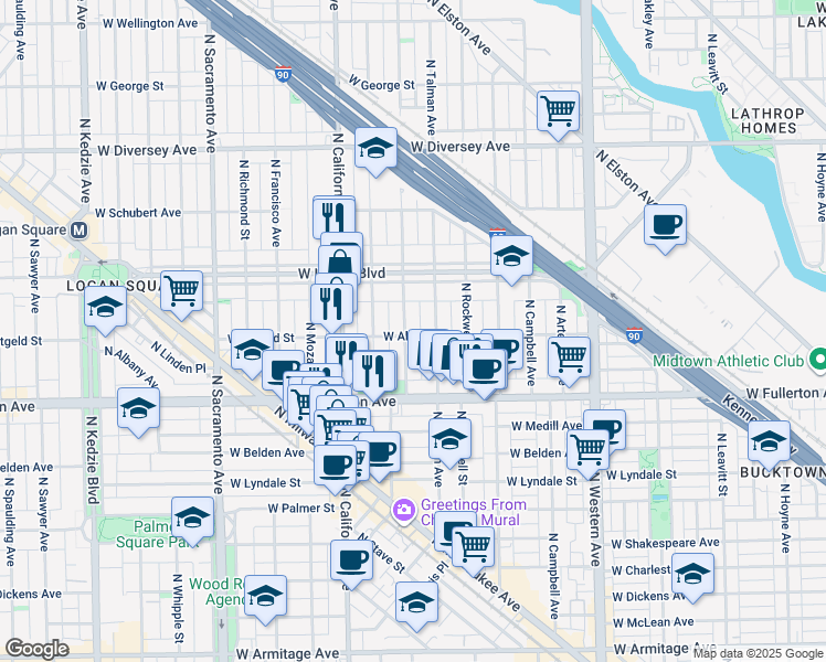 map of restaurants, bars, coffee shops, grocery stores, and more near 2651 West Altgeld Street in Chicago