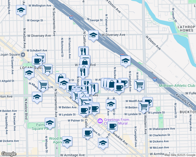 map of restaurants, bars, coffee shops, grocery stores, and more near 2457 North Fairfield Avenue in Chicago