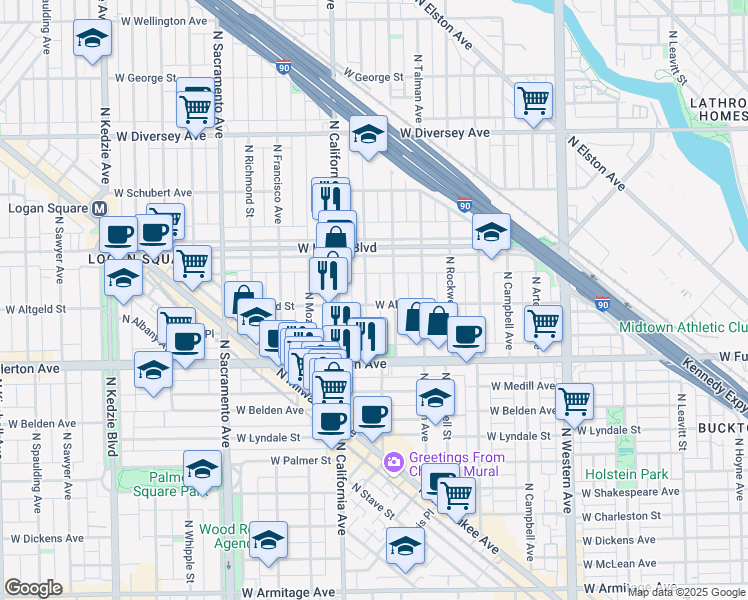 map of restaurants, bars, coffee shops, grocery stores, and more near 2457 North Fairfield Avenue in Chicago