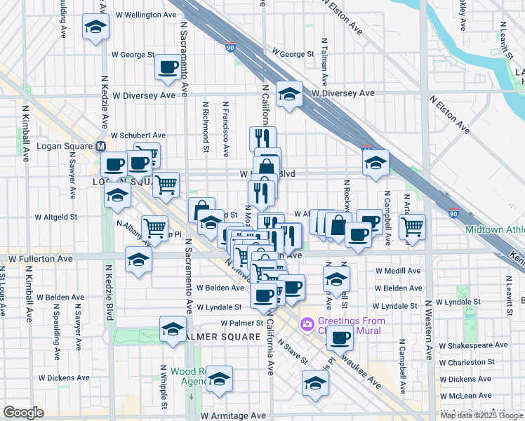 map of restaurants, bars, coffee shops, grocery stores, and more near 2515 North California Avenue in Chicago
