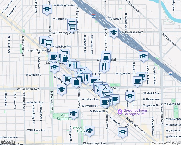 map of restaurants, bars, coffee shops, grocery stores, and more near 2452 North Francisco Avenue in Chicago