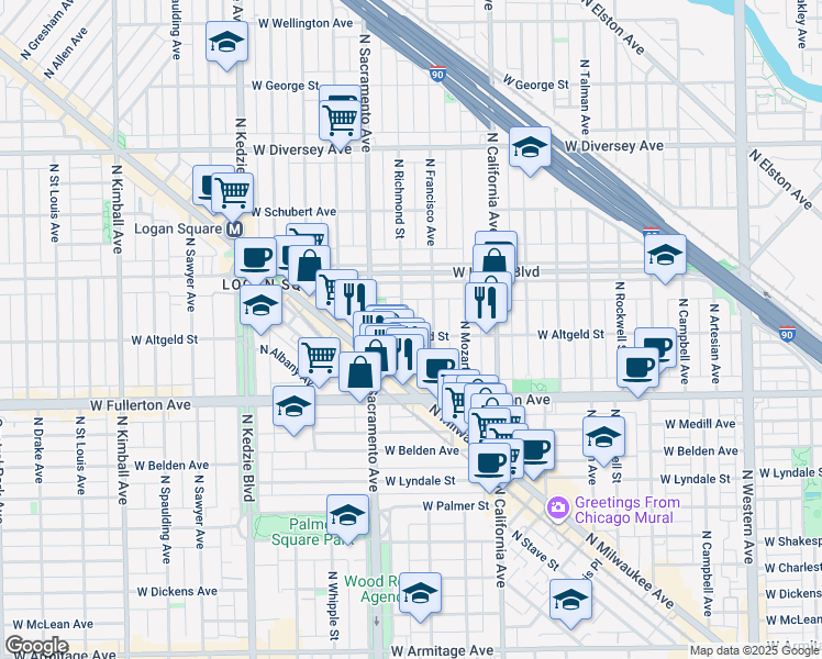 map of restaurants, bars, coffee shops, grocery stores, and more near 2452 North Francisco Avenue in Chicago