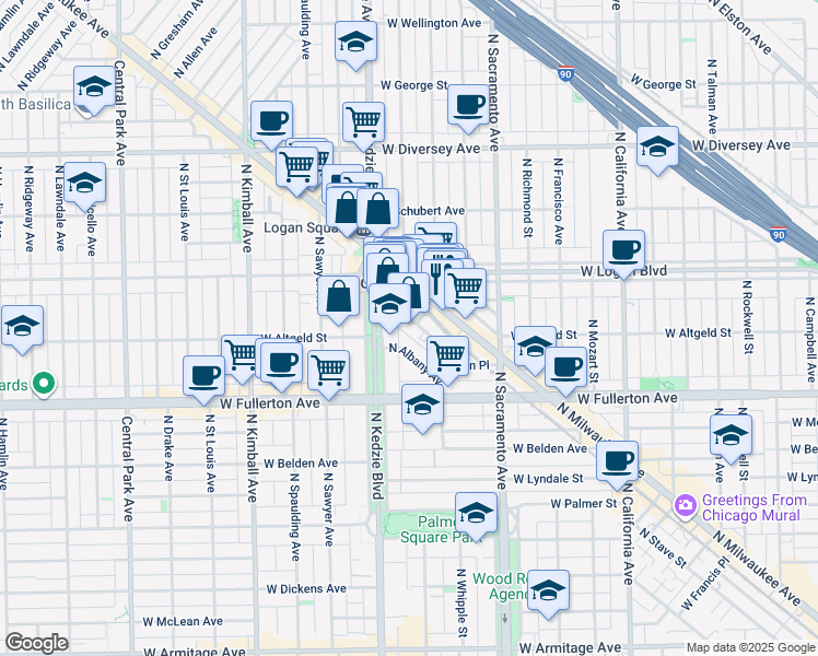 map of restaurants, bars, coffee shops, grocery stores, and more near 2451 North Kedzie Avenue in Chicago