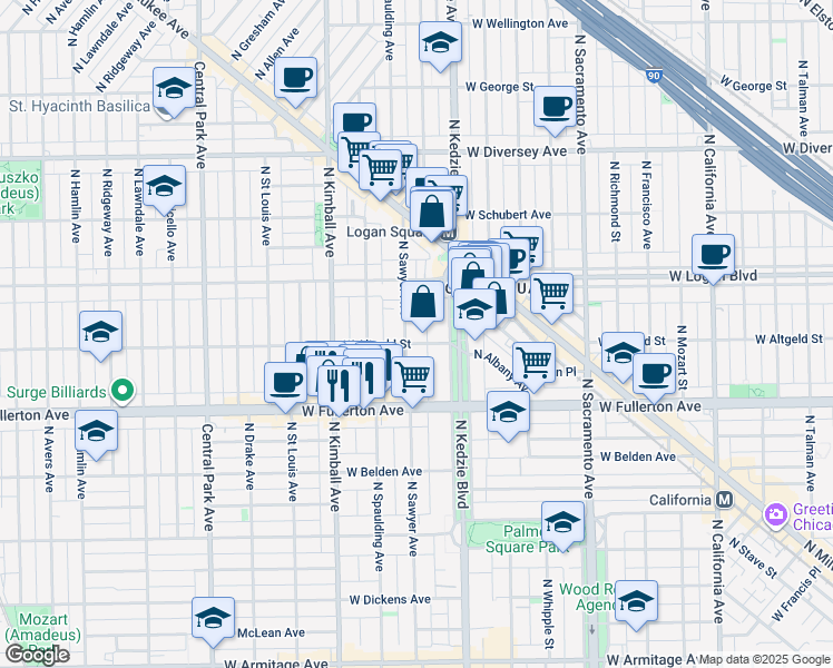 map of restaurants, bars, coffee shops, grocery stores, and more near 2500 North Sawyer Avenue in Chicago