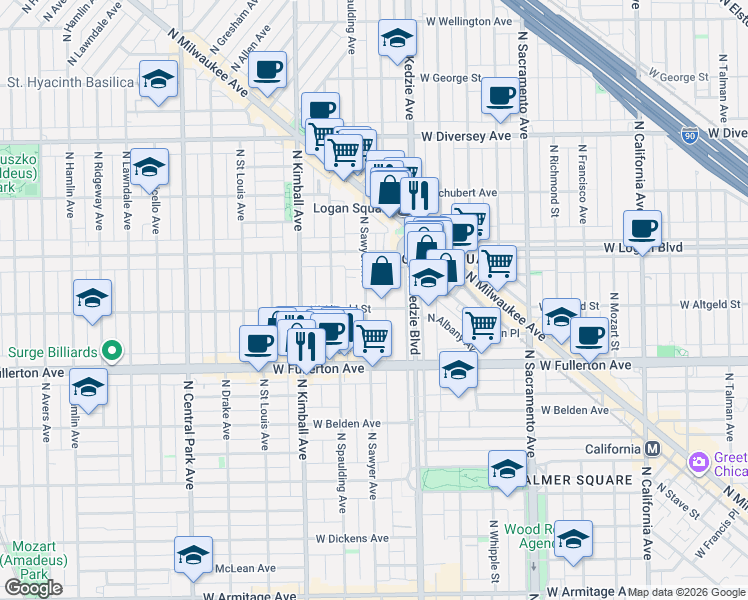 map of restaurants, bars, coffee shops, grocery stores, and more near 2500 North Sawyer Avenue in Chicago