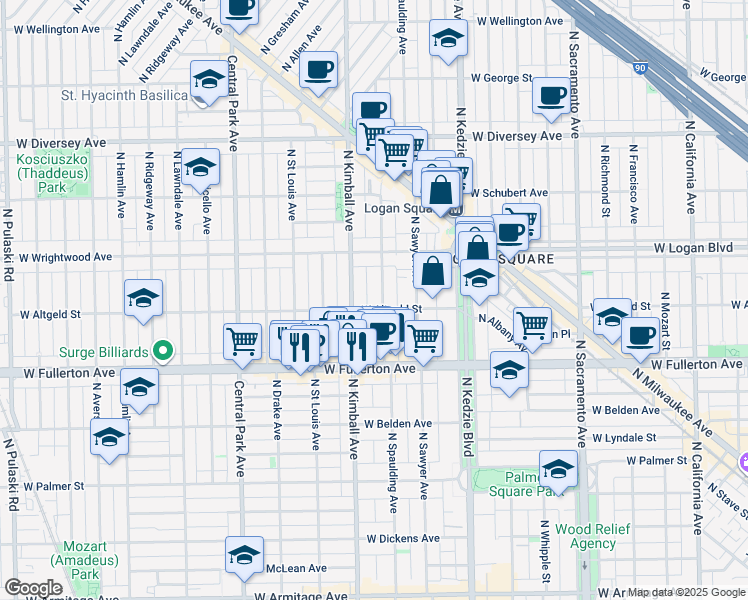 map of restaurants, bars, coffee shops, grocery stores, and more near 2454 North Spaulding Avenue in Chicago