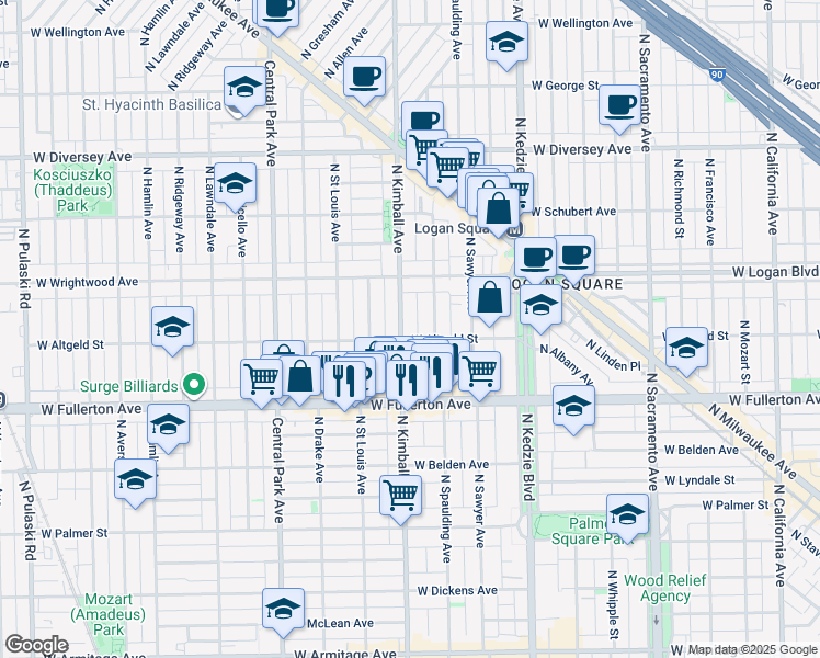 map of restaurants, bars, coffee shops, grocery stores, and more near 2456 North Kimball Avenue in Chicago