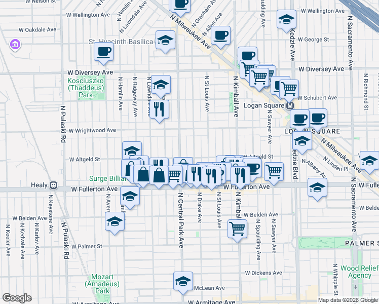 map of restaurants, bars, coffee shops, grocery stores, and more near 3518 West Altgeld Street in Chicago