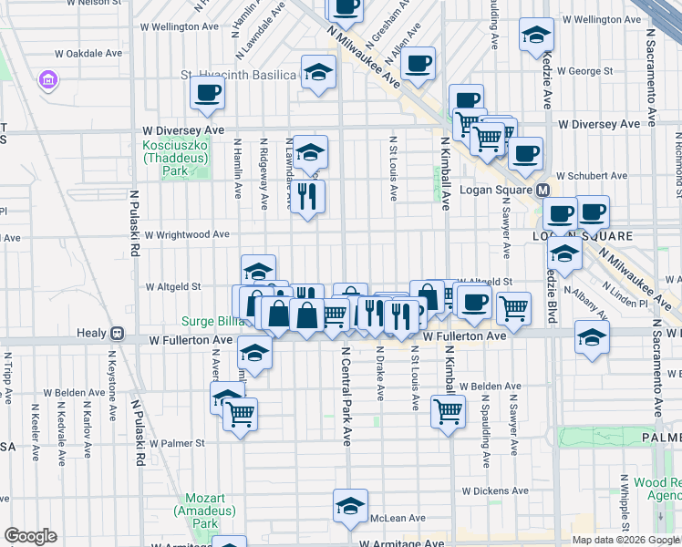 map of restaurants, bars, coffee shops, grocery stores, and more near 2502 North Central Park Avenue in Chicago