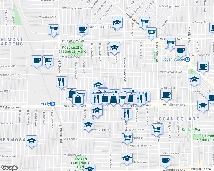 map of restaurants, bars, coffee shops, grocery stores, and more near 3710 West Altgeld Street in Chicago