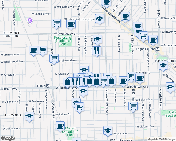 map of restaurants, bars, coffee shops, grocery stores, and more near 3710 West Altgeld Street in Chicago