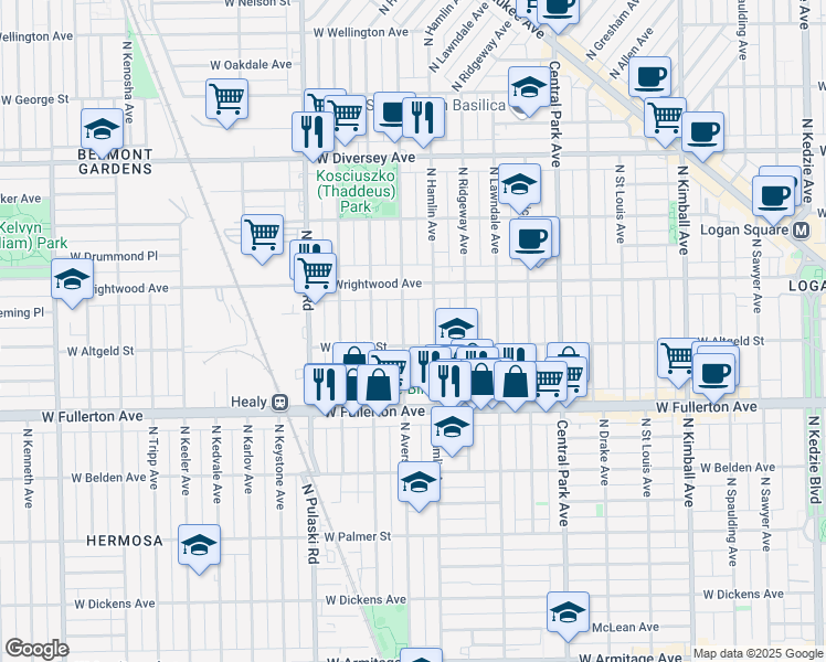 map of restaurants, bars, coffee shops, grocery stores, and more near 2503 North Avers Avenue in Chicago