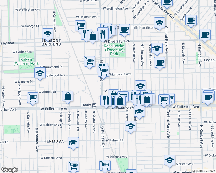 map of restaurants, bars, coffee shops, grocery stores, and more near 2500 North Harding Avenue in Chicago