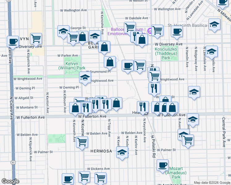 map of restaurants, bars, coffee shops, grocery stores, and more near 2504 North Keeler Avenue in Chicago