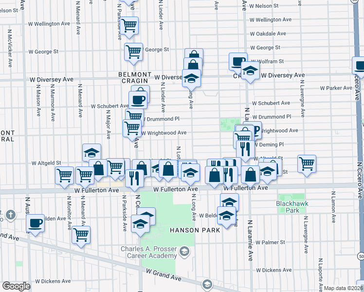map of restaurants, bars, coffee shops, grocery stores, and more near 2519 North Lotus Avenue in Chicago
