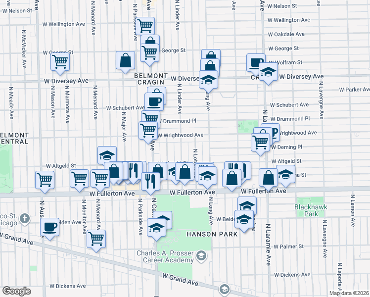 map of restaurants, bars, coffee shops, grocery stores, and more near 2521 North Linder Avenue in Chicago
