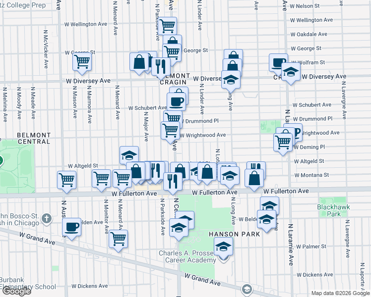 map of restaurants, bars, coffee shops, grocery stores, and more near 2518 North Luna Avenue in Chicago