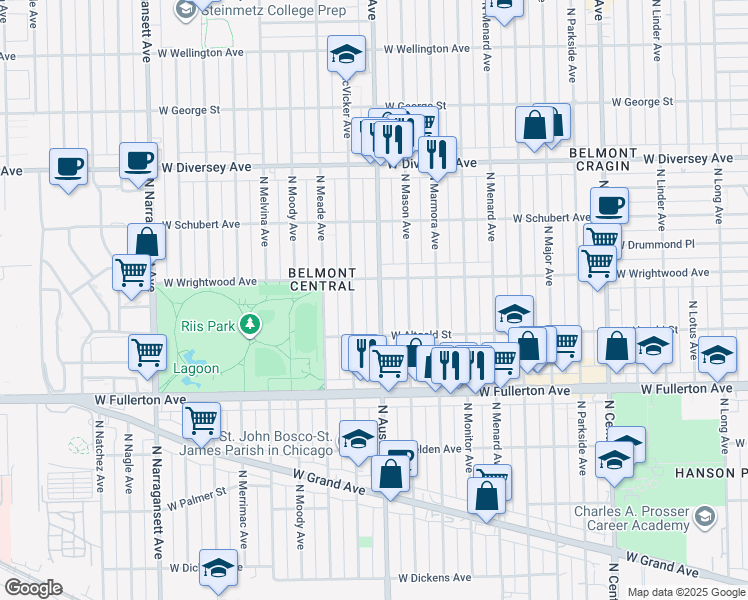 map of restaurants, bars, coffee shops, grocery stores, and more near 2529 North Austin Avenue in Chicago