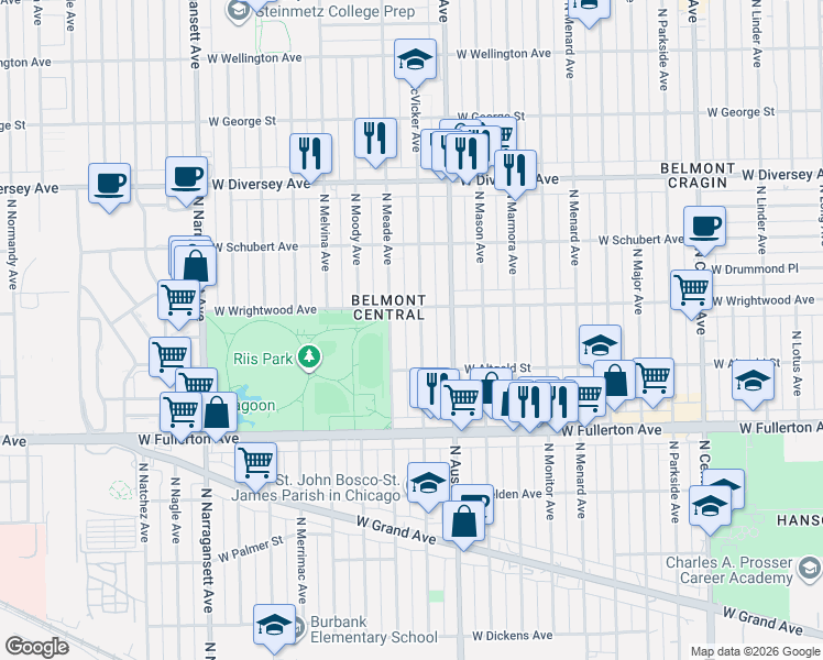 map of restaurants, bars, coffee shops, grocery stores, and more near 2525 North McVicker Avenue in Chicago