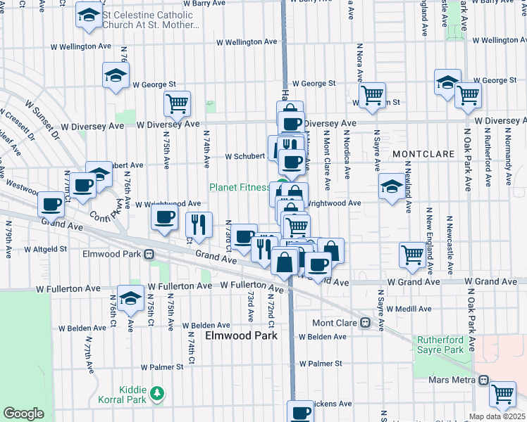 map of restaurants, bars, coffee shops, grocery stores, and more near 2529 73rd Avenue in Chicago