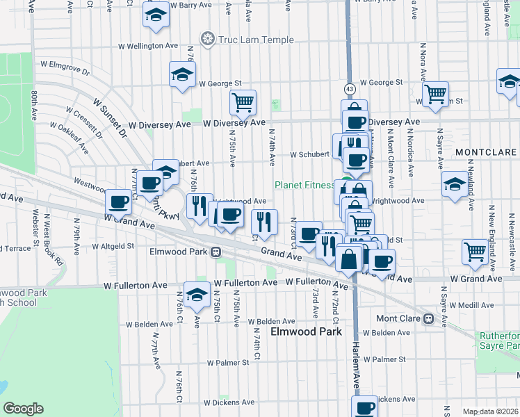 map of restaurants, bars, coffee shops, grocery stores, and more near 2530 North 74th Avenue in Elmwood Park