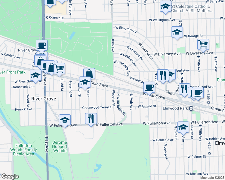 map of restaurants, bars, coffee shops, grocery stores, and more near 2554 Haymond Street in River Grove