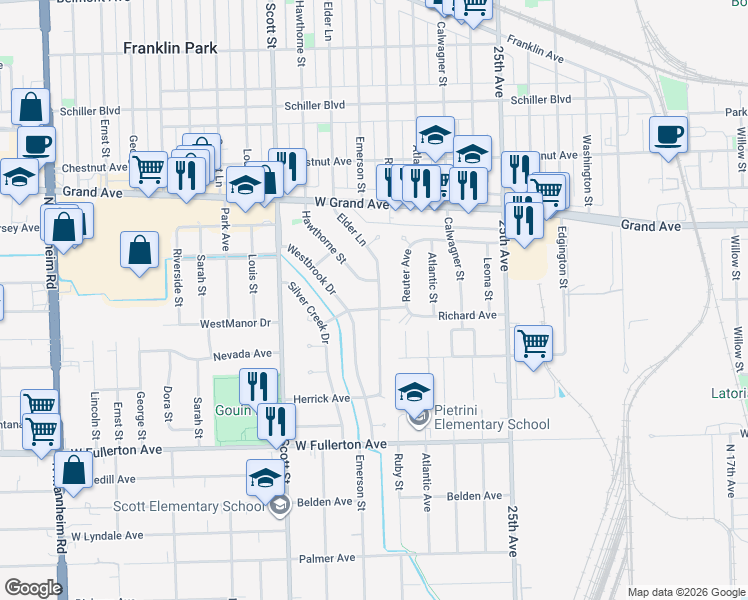 map of restaurants, bars, coffee shops, grocery stores, and more near 9822 Richard Avenue in Franklin Park