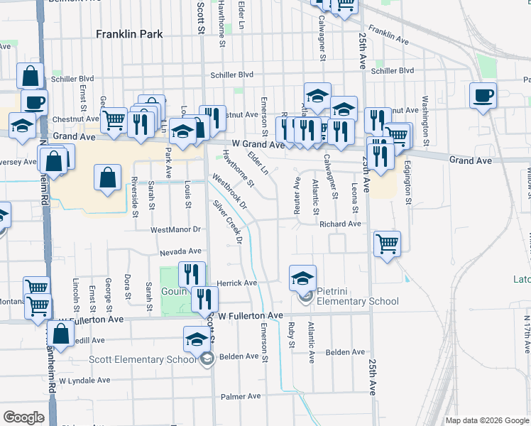map of restaurants, bars, coffee shops, grocery stores, and more near 9822 Richard Avenue in Franklin Park