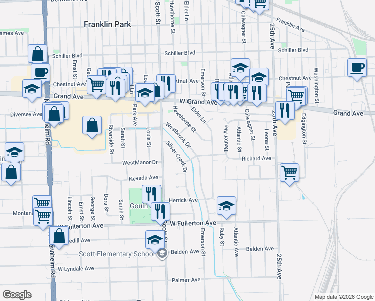 map of restaurants, bars, coffee shops, grocery stores, and more near 2613 Silver Creek Drive in Franklin Park