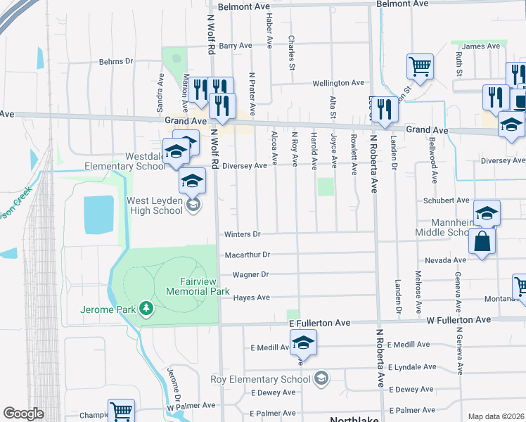 map of restaurants, bars, coffee shops, grocery stores, and more near 809 North Prater Avenue in Northlake