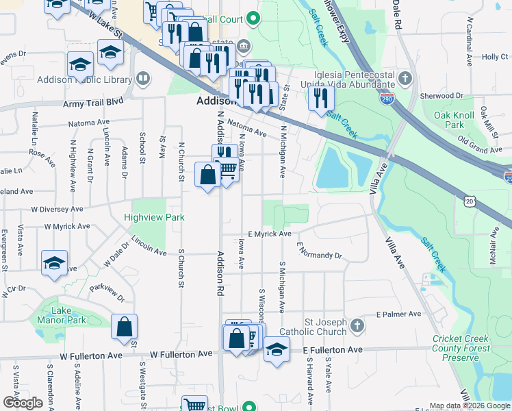 map of restaurants, bars, coffee shops, grocery stores, and more near 19 Iowa Avenue in Addison