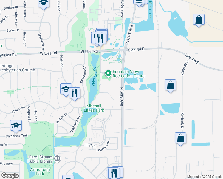 map of restaurants, bars, coffee shops, grocery stores, and more near 124 Klein Creek Court in Carol Stream