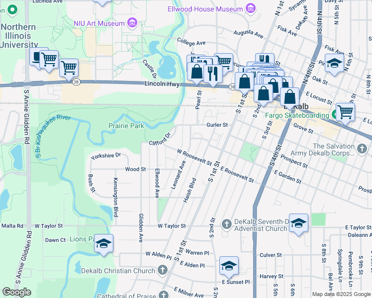 map of restaurants, bars, coffee shops, grocery stores, and more near 305 West Roosevelt Street in DeKalb