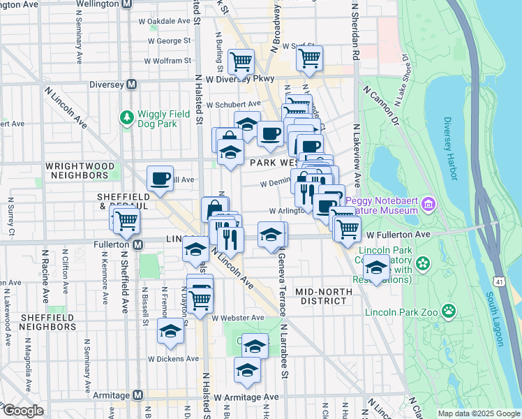 map of restaurants, bars, coffee shops, grocery stores, and more near 632 West Arlington Place in Chicago