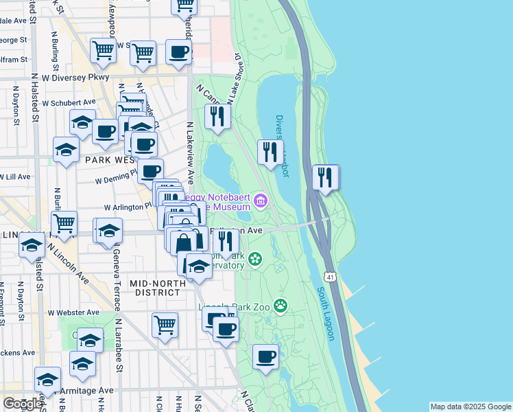 map of restaurants, bars, coffee shops, grocery stores, and more near 2430 North Cannon Drive in Chicago