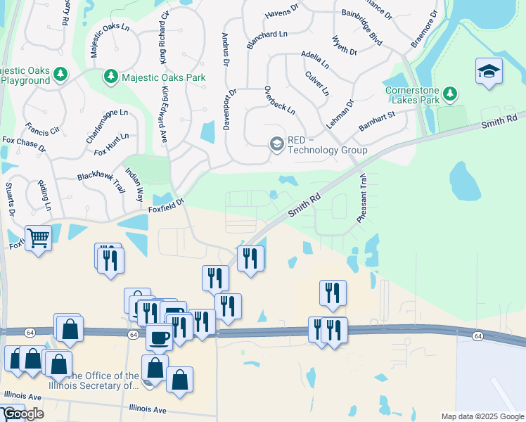 map of restaurants, bars, coffee shops, grocery stores, and more near 405 Smith Road in St. Charles
