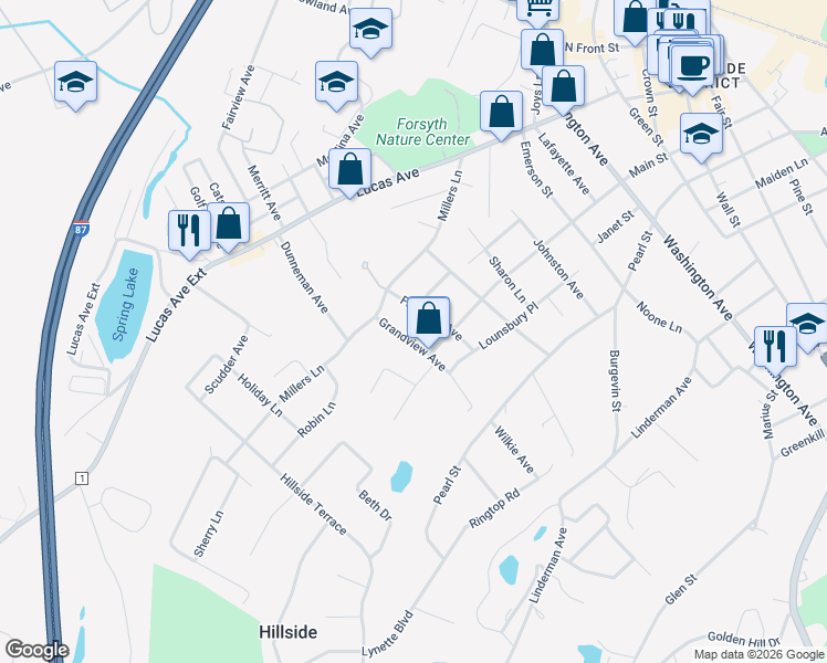 map of restaurants, bars, coffee shops, grocery stores, and more near 61 Grandview Avenue in Kingston