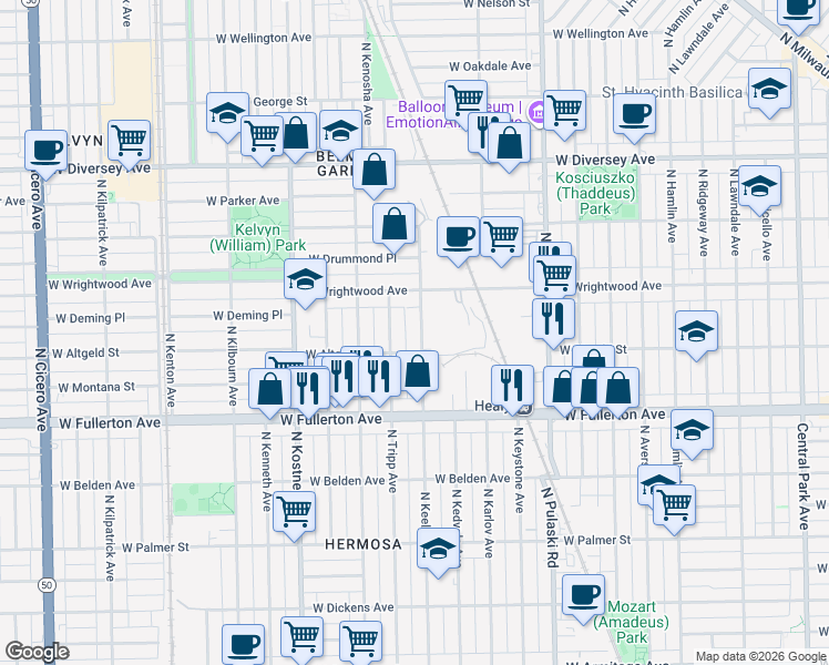 map of restaurants, bars, coffee shops, grocery stores, and more near 2504 North Keeler Avenue in Chicago