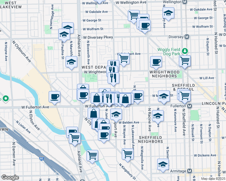 map of restaurants, bars, coffee shops, grocery stores, and more near 2447 North Southport Avenue in Chicago