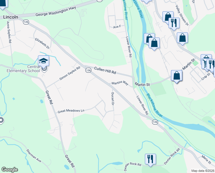 map of restaurants, bars, coffee shops, grocery stores, and more near 62 Old River Road in Lincoln