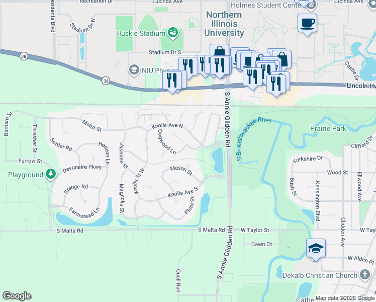 map of restaurants, bars, coffee shops, grocery stores, and more near 1234 Ivy Street in DeKalb
