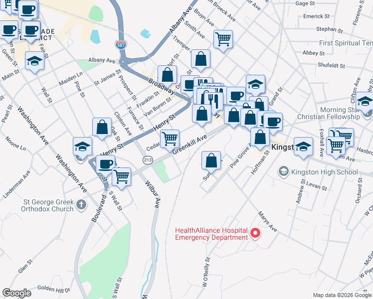 map of restaurants, bars, coffee shops, grocery stores, and more near 100 Greenkill Avenue in Kingston
