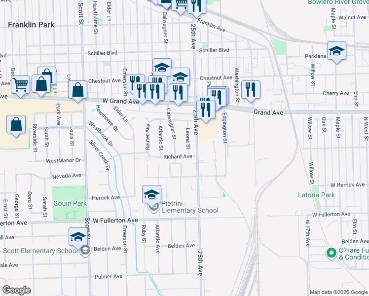 map of restaurants, bars, coffee shops, grocery stores, and more near 9604 Richard Avenue in Franklin Park