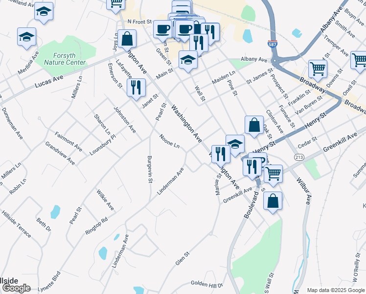 map of restaurants, bars, coffee shops, grocery stores, and more near 54 Linderman Avenue in Kingston