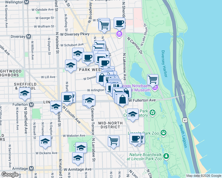 map of restaurants, bars, coffee shops, grocery stores, and more near 2431 North Clark Street in Chicago