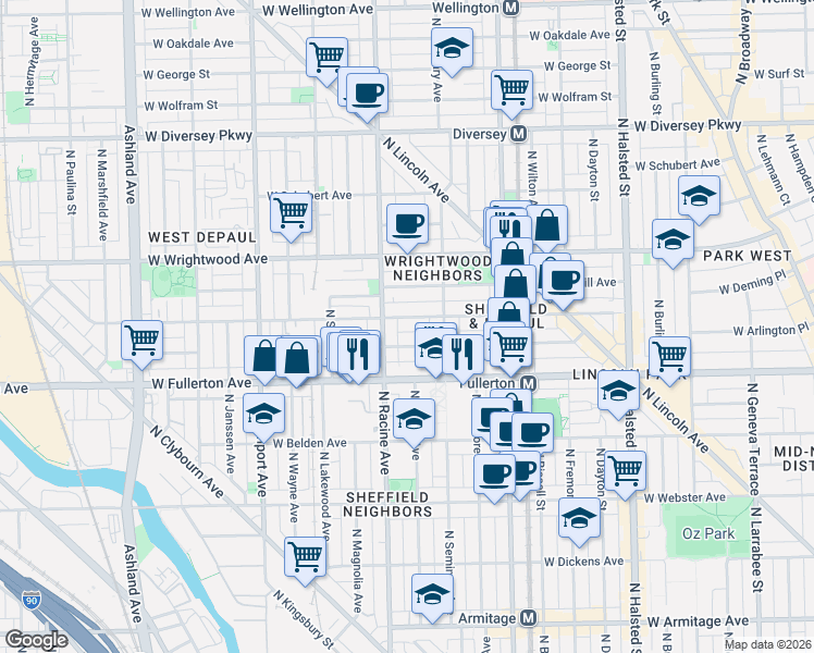 map of restaurants, bars, coffee shops, grocery stores, and more near 1122 West Montana Street in Chicago