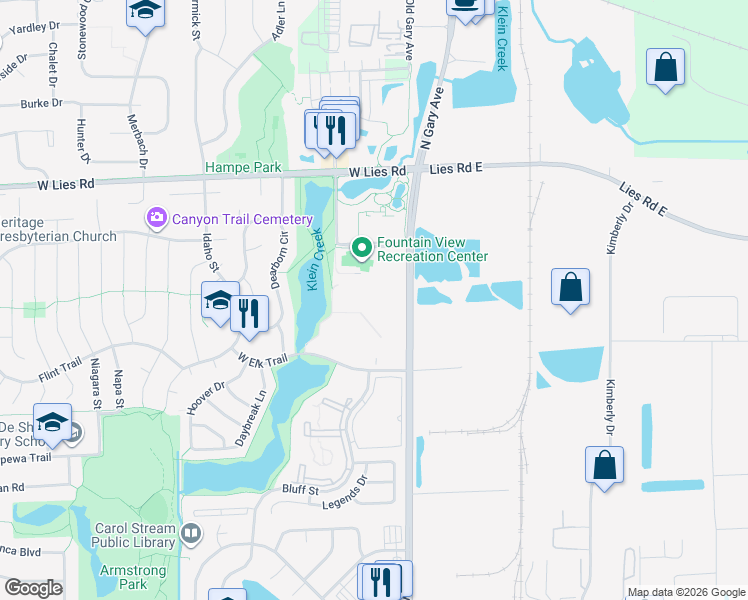 map of restaurants, bars, coffee shops, grocery stores, and more near 212 Klein Creek Court in Carol Stream