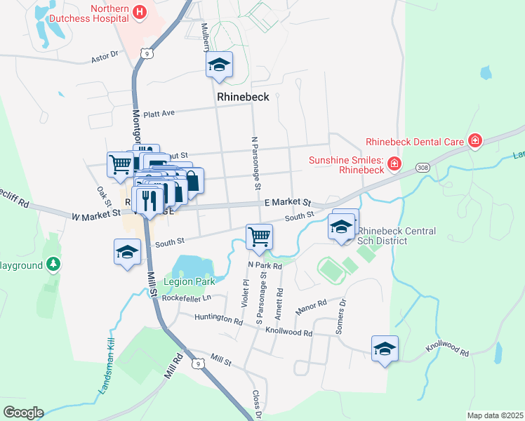 map of restaurants, bars, coffee shops, grocery stores, and more near 55 South Street in Rhinebeck