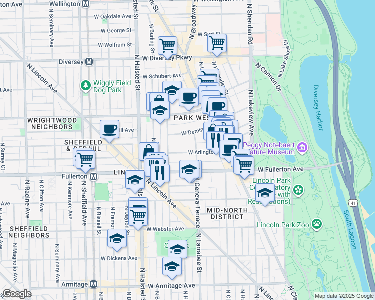 map of restaurants, bars, coffee shops, grocery stores, and more near 623 West Arlington Place in Chicago